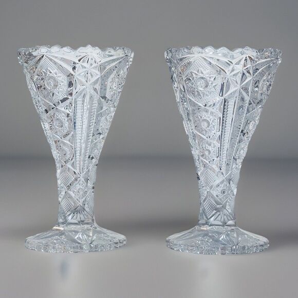 2 VTG EAPG Imperial Glass Vases  Starburst Pattern Clear Pressed Glass Heavy EUC - Picture 1 of 8